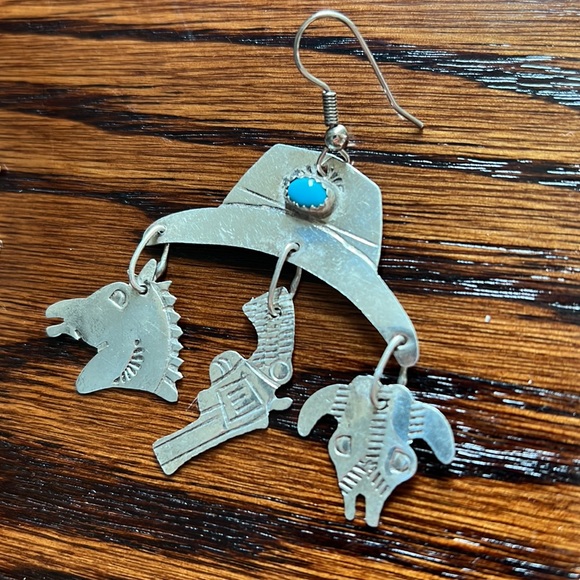 Sterling Silver Cowgirl Earrings with Turquoise - Picture 3 of 5